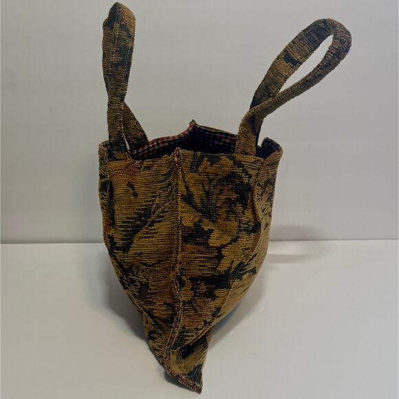 🤎 Tapestry Top Handle Bag Reversible Brown Floral Abstract Plaid Vintage Boho - Picture 3 of 5
